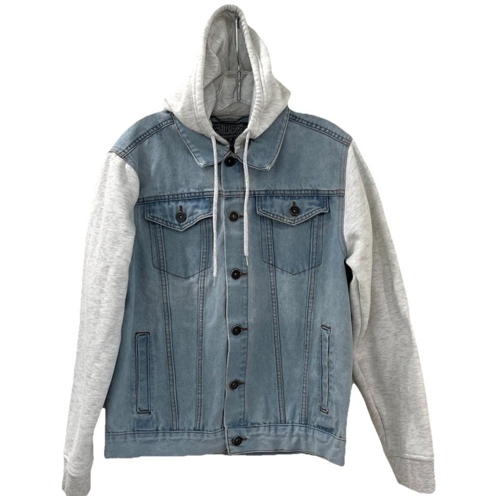 Brooklyn Cloth Men's Hoodie Trucker Jacket Size Medium Light Denim Fleece Sleeve